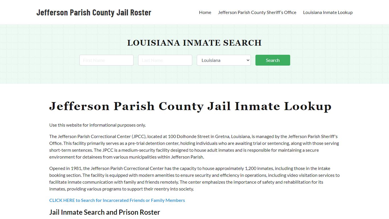 Jefferson Parish County Jail Roster Lookup, LA, Inmate Search